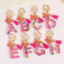 Creative European and American cross-border English key chain crystal stone glue 26 letters butterfly tassel key chain hanging jewelry
