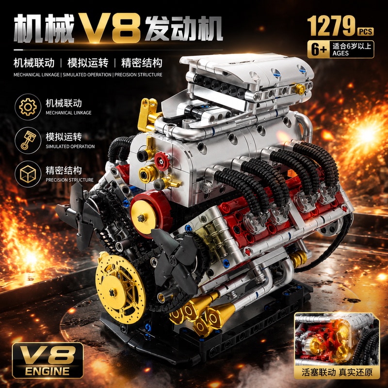 Dodge Mechanical V8 Engine Simulation Engine Assembly Building Block Model Boy's Birthday Gift Suitable for Lego