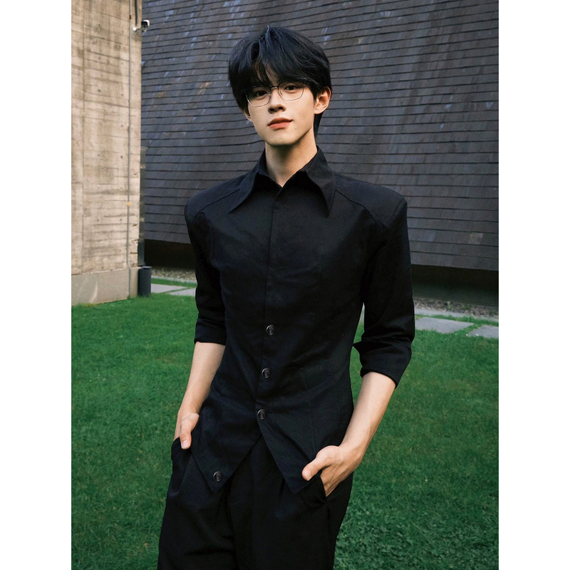 Black Naples Godfather Shirt for Men, Autumn Style, Irregular Hem, Long-Sleeve Shirt with Shoulder Pads, Waist-Cinching, Slim-Fit Jacket