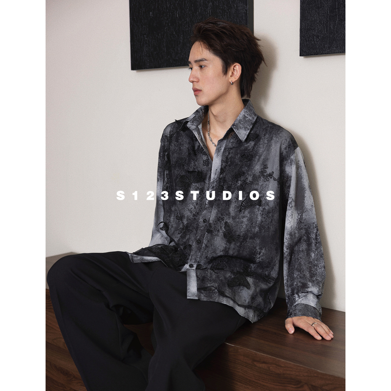 S123 Smart Chen【Misty Southern Mountain Butterfly】Three-Dimensional Butterfly Tie-Dye Mesh Double-Layer Long-Sleeve Shirt Dark Style Cardigan