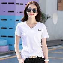 Factory direct supply mercerized cotton T-shirt for women 80 count double-sided pure cotton versatile basic embroidered swan short-sleeved shirt