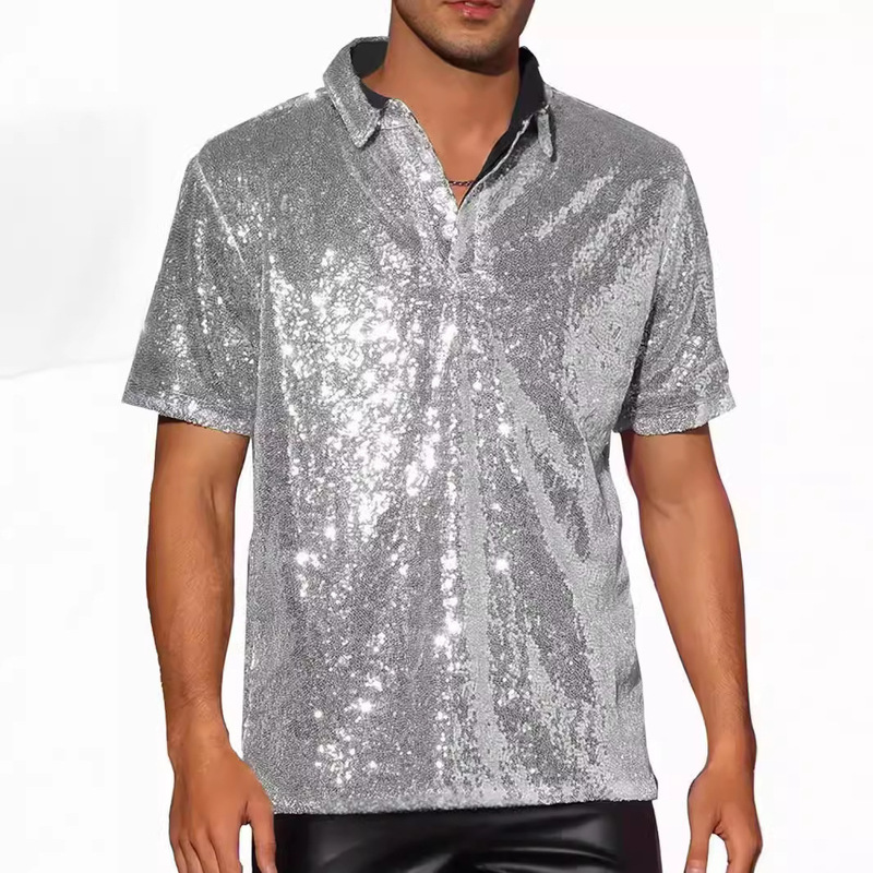 Men's Sequined Vintage Polo Shirt Men's Sequined Retro Disco T-Shirt Polo Shirt