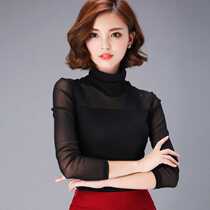 High collar thin mesh bottoming shirt 2023 new spring and autumn versatile large size slim slim long-sleeved T-shirt small shirt for women