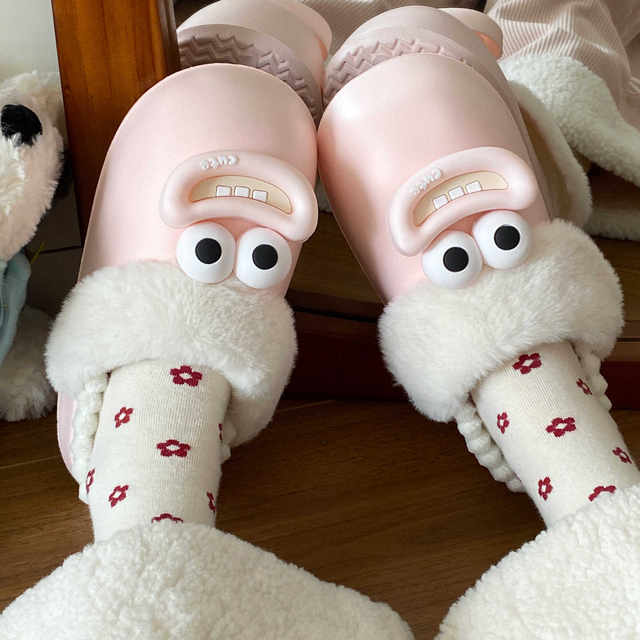 Removable Cotton Slippers with Funny Big Eyes for Women, Winter Non-Slip Home Thick-Soled Plush Slippers for Students' Dormitory, Cute Indoor Wear