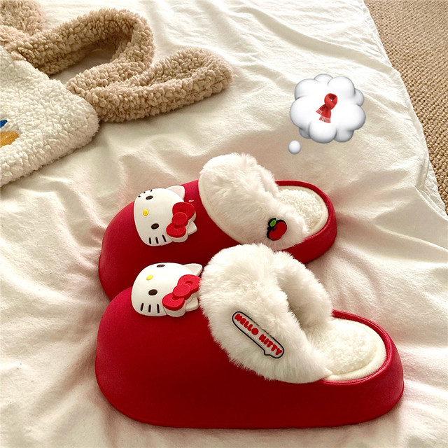 Cute Kt Cat Plush Cotton Slippers for Women 2025 New Winter Home and Outdoor Wear Non-Slip Fleece-Lined Thick Warm Cotton Shoes
