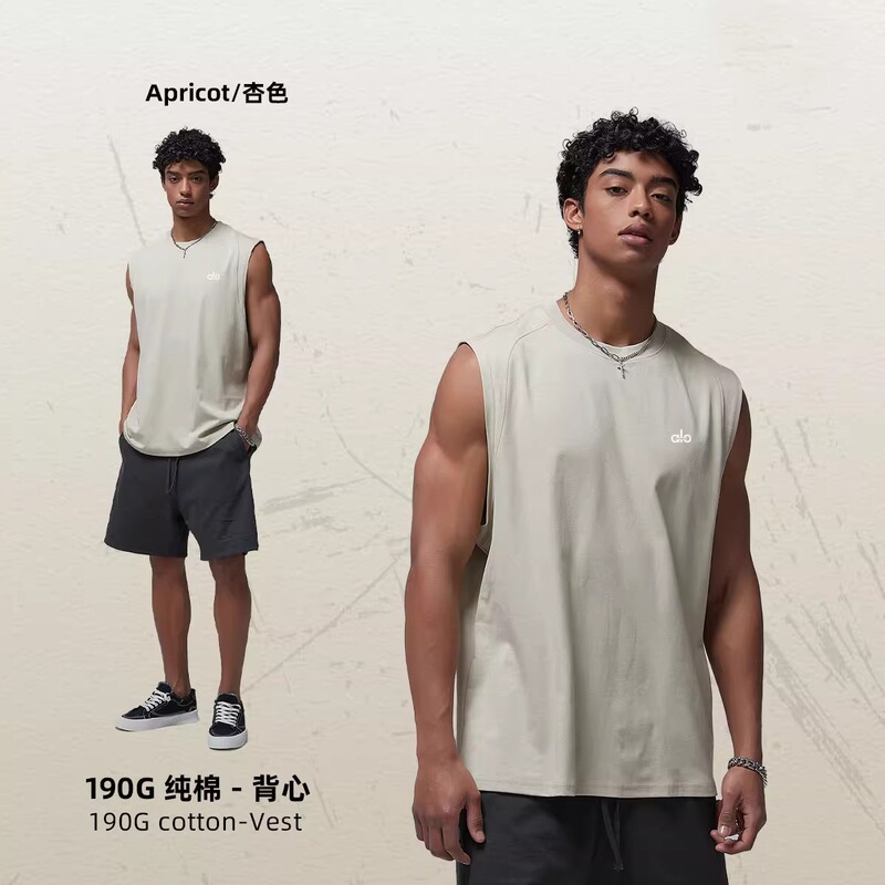 Alo2025 New Men's Casual Vest Breathable Pure Cotton Heavyweight T-Shirt Loose Solid Color Base Shirt Crew Neck Pullover