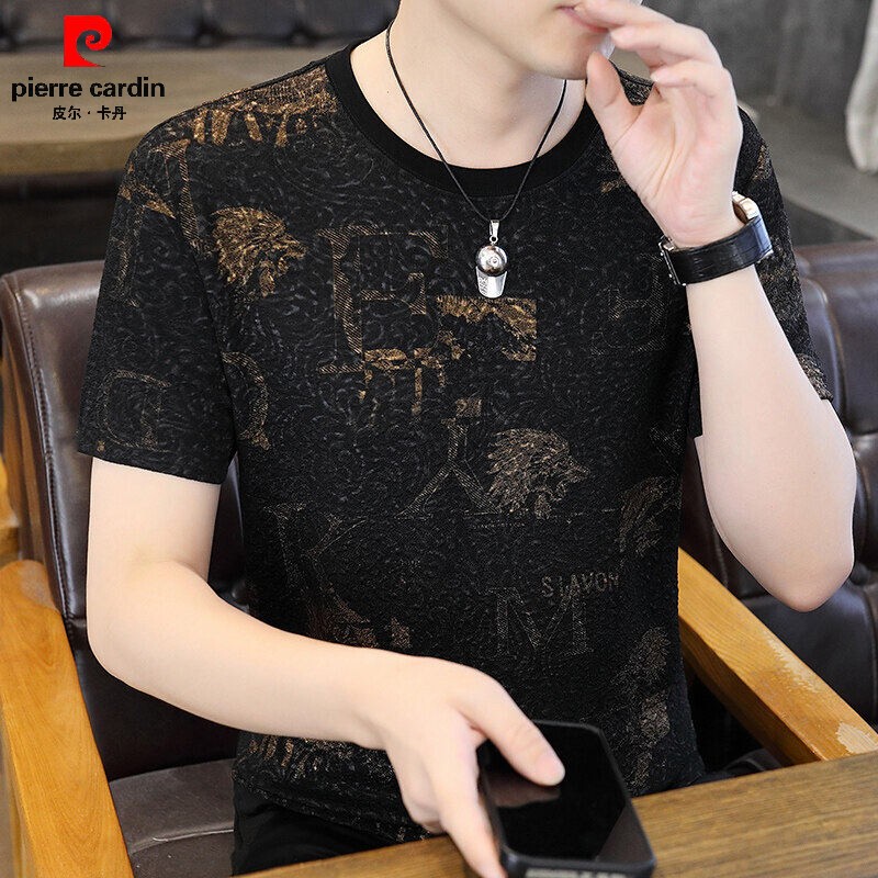 Pierre Cardin Brand High-End Ice Silk Short-Sleeved T-Shirt for Men 2026 Summer New Style Burnt Flower Round Neck Half-Sleeved Top