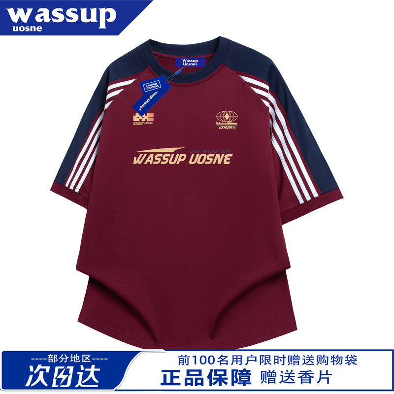 Wassup American Retro Burgundy Heavy Cotton Short-Sleeved T-Shirt Men's Summer 2026 New Couple Wear Top