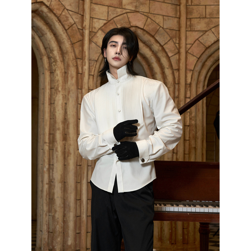 Balitone "Celebrity Scene" Black and White Embroidered Accordion Pleated Shirt Formal Cufflinks Long Sleeve Waist-Tightening Shirt Balitone "Celebrity Scene" Black and White Embroidered Accordion Pleated Shirt Formal Cufflinks Long Sleeve Waist-Tightening Shirt