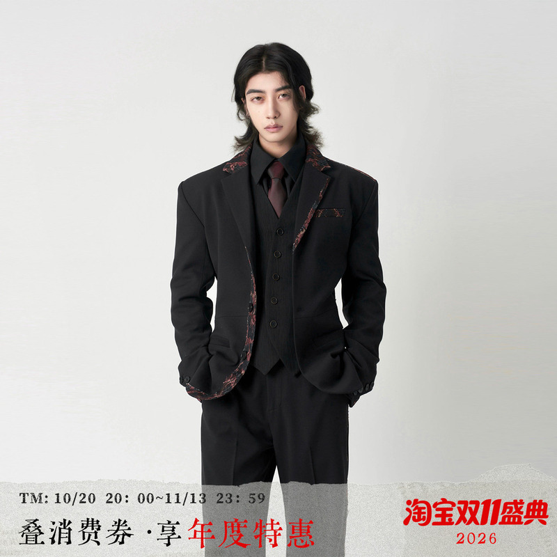 Balitone "Candle Ashes" Original Black and Red Lace Splicing Single-Breasted Light Luxury Wool Waist-Cinching Suit Set
