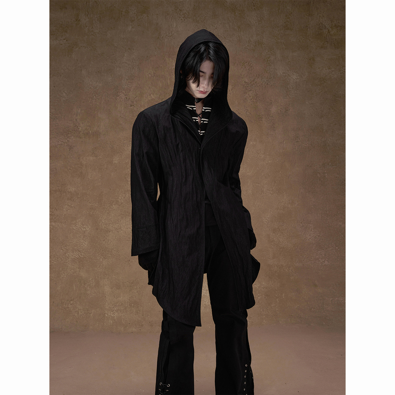 Balitone "Black Robe" Design Hooded Robe Coat with Dry Silk Texture, Back Slit, Thin Shirt-Style Trench Coat Balitone "Black Robe" Design Hooded Robe Coat with Dry Silk Texture, Back Slit, Thin Shirt-Style Trench Coat