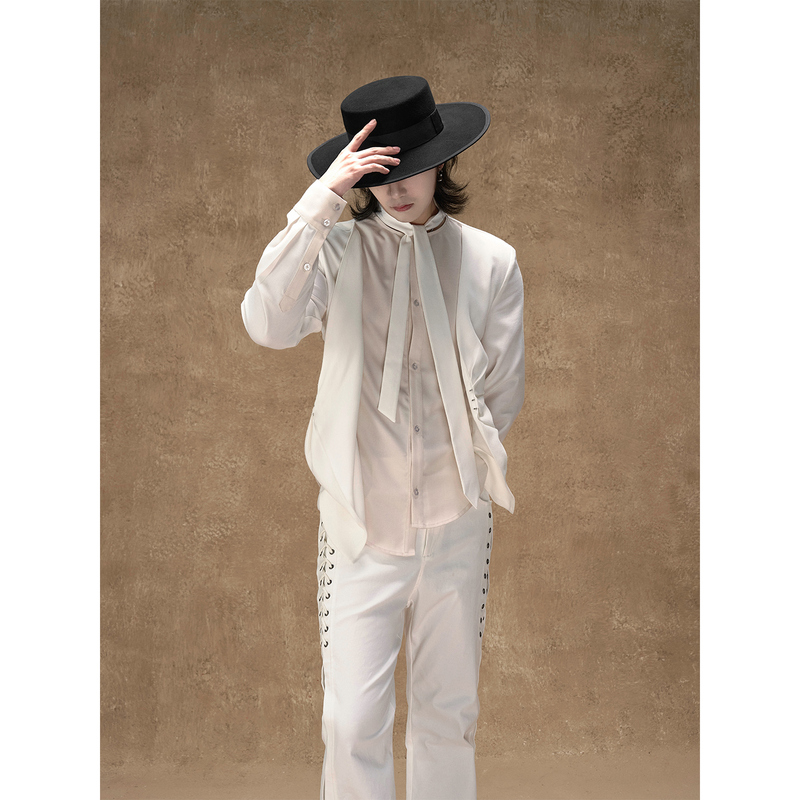 Balitone “Mr. Butterfly” Design-Inspired Two-Tone Patchwork Shirt with Tie, Deconstructed Vest and Pleated Shirt