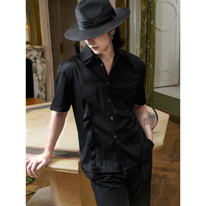 Balitone Original Double-Layer Collar Black/White Lace Patchwork Short-Sleeve Satin Regular Shoulder Shirt