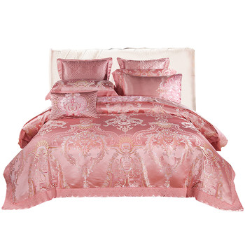 European style tribute satin jacquard wedding model room bedding princess style pink sheet quilt cover cotton four-piece set