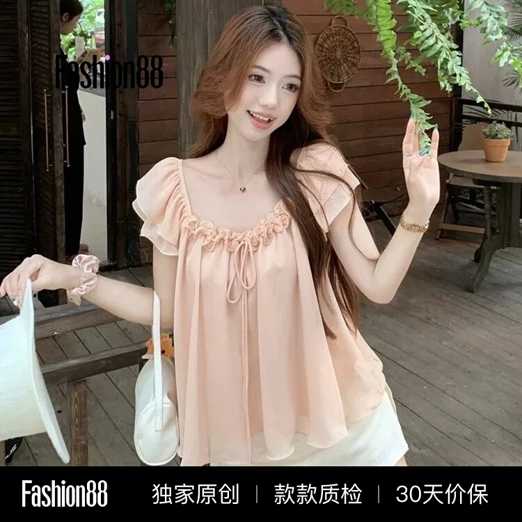 Chiffon Blouse with Ruffled Edges and Tie-Up Flying Sleeves for Women, 2026 Summer New Style, Sweet and Youthful, Stylish and Slimming Top, Chic Chiffon Blouse with Ruffled Edges and Tie-Up Flying Sleeves for Women, 2026 Summer New Style, Sweet and Youthful, Stylish and Slimming Top, Chic