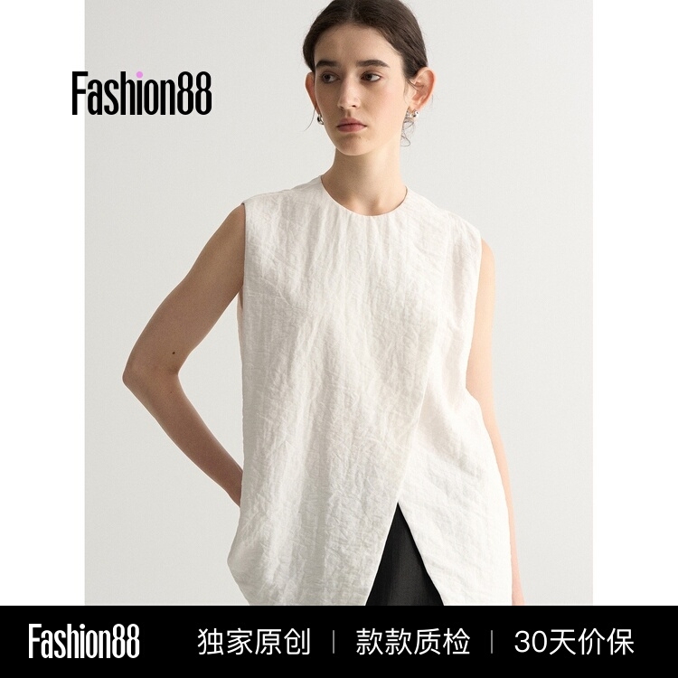French-Style Minimalist Linen Sleeveless Shirt for Women, Summer Textured Vest, Slimming Loose Fit, Elegant for Work and Vacation French-Style Minimalist Linen Sleeveless Shirt for Women, Summer Textured Vest, Slimming Loose Fit, Elegant for Work and Vacation
