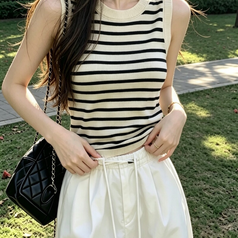 Korean Style Striped Knitted Sleeveless Vest for Women, Summer Fashion Trendy Casual Outerwear, Slimming and Figure-Flattering Top Korean Style Striped Knitted Sleeveless Vest for Women, Summer Fashion Trendy Casual Outerwear, Slimming and Figure-Flattering Top