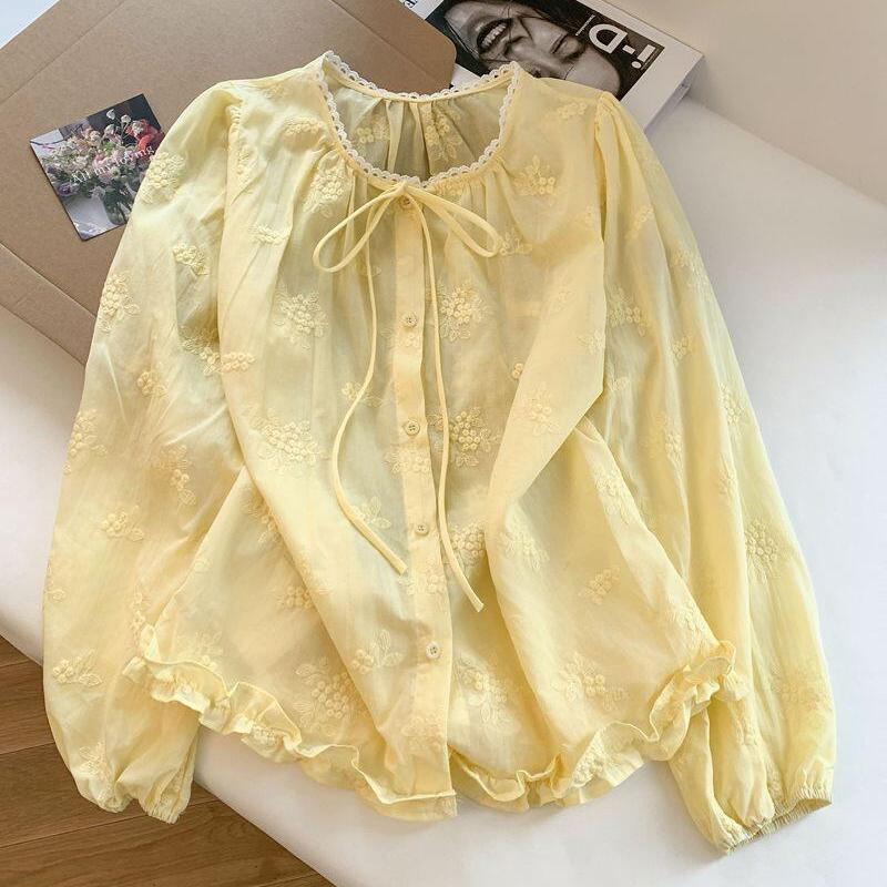 French-Style Embroidered Jacquard Tie-Neck Blouse, Long-Sleeved Loose-Fitting Skin-Friendly Breathable Shirt with Round Neck and Lace Trim