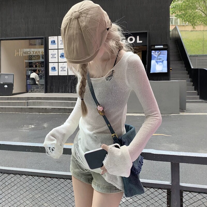 White Hollow-Out See-Through Top for Women, New Autumn Design, Thin Knitwear, Lazy Style Sun Protection Cover-Up