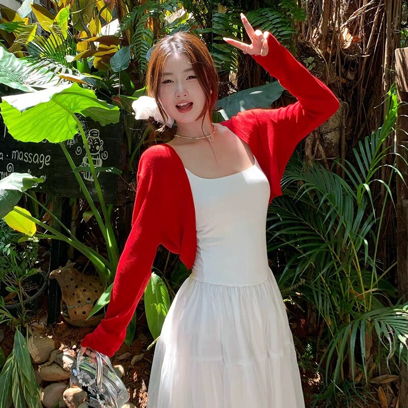 Red Thin Cardigan Short Jacket for Women 2026 New Summer Sun Protection Cover-Up Short Shawl Coat Top