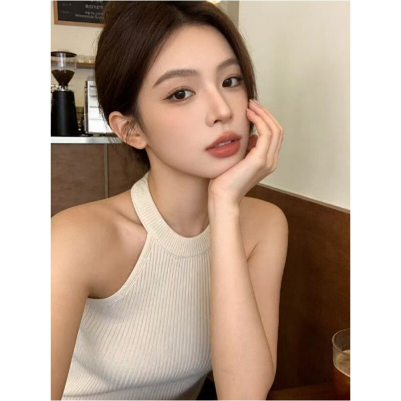 2026 Summer Korean Style Casual Simple Knitted Halter Neck Vest for Women, White Slim Fit Versatile Sleeveless Top 2026 Summer Korean Style Casual Simple Knitted Halter Neck Vest for Women, White Slim Fit Versatile Sleeveless Top