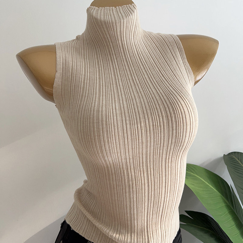 So Stylish~ Korean-Style Chic Half-High Collar Ribbed Sleeveless Tank Top That Flatters the Figure, Perfect as an Inner Layer