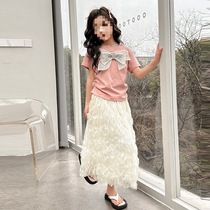 Girls Summer Princess Skirt Set 2024 New Bow T-shirt Korean Style Sweet Mesh Skirt Two-piece Trendy Set