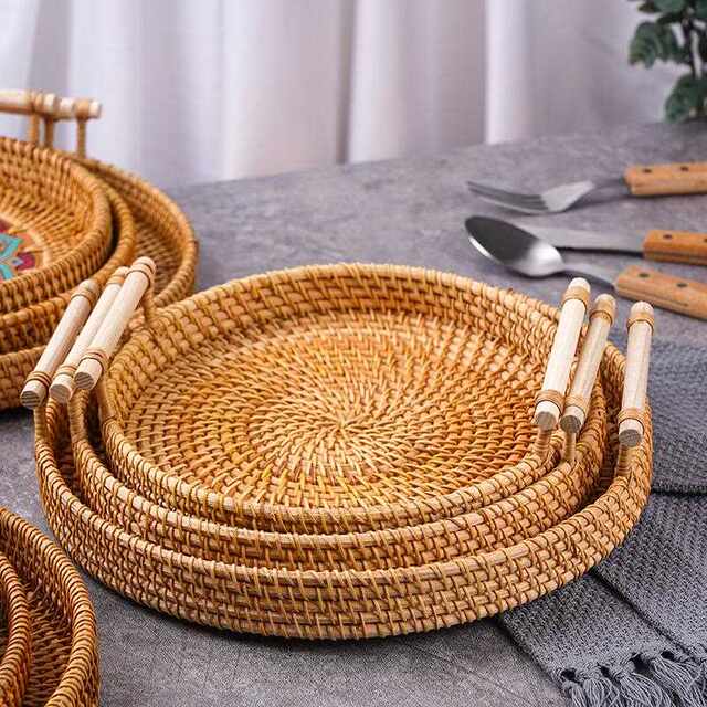 New direct sale Vietnamese rattan tray rattan storage basket double ear bread fruit dessert picnic tray desktop