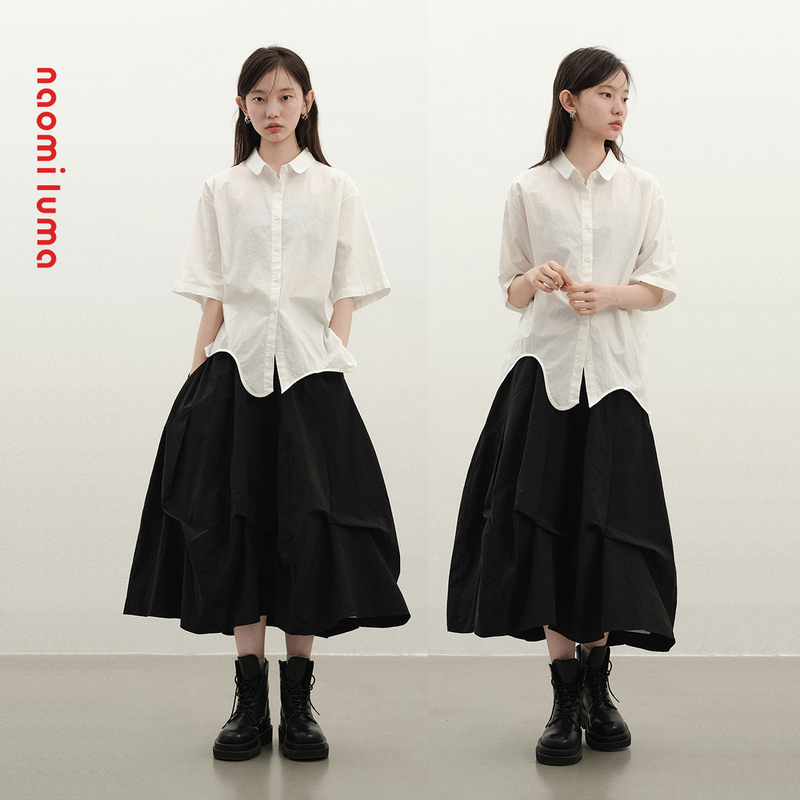 Naomi Luma's "Evening Breeze Curved Cut" Korean-Style Gentle White Shirt with Loose Wavy Hem and Versatile Short Sleeves