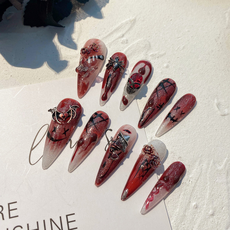 Handmade Halloween Nails, Sexy and Cool, Heavy-Duty Hand-Painted Burgundy Gothic Dark Style Nail Art Handmade Halloween Nails, Sexy and Cool, Heavy-Duty Hand-Painted Burgundy Gothic Dark Style Nail Art