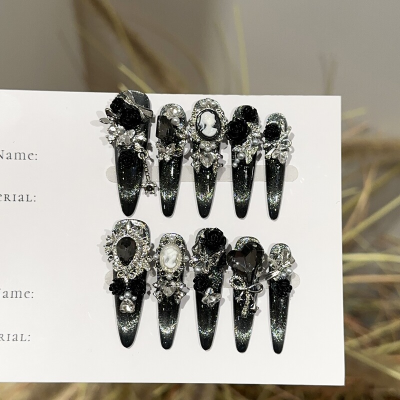 Purely Handmade Wearable Nails, High-End Dark Style, Silver Cat-Eye Long Nail Tips, European and American Heavy-Duty Fake Nail Patches Purely Handmade Wearable Nails, High-End Dark Style, Silver Cat-Eye Long Nail Tips, European and American Heavy-Duty Fake Nail Patches