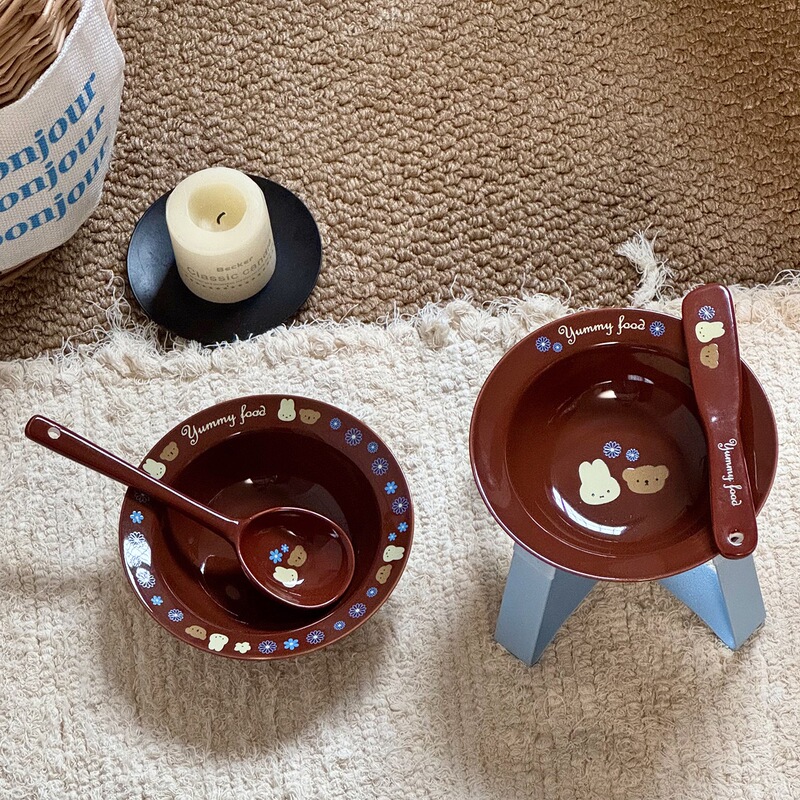 Brown Bunny Pet Bowl, Flying Saucer Bowl, Ceramic Cat Bowl, Dog Bowl Set, Wet Food Plate, Drinking Bowl, Canned Food Spoon, Cute