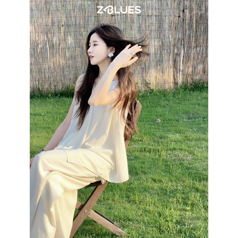 Zblues【Flowing Texture】Row Style Heavyweight Mulberry Silk Camisole Top + Straight-Leg Pants Set for Summer Zblues【Flowing Texture】Row Style Heavyweight Mulberry Silk Camisole Top + Straight-Leg Pants Set for Summer