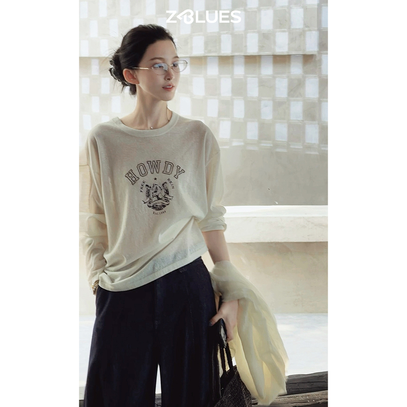 Zblues【Howdy Afternoon】Upw Yarn Retro Printed Round Neck Long-Sleeved T-Shirt for Women Early Autumn Pullover Top
