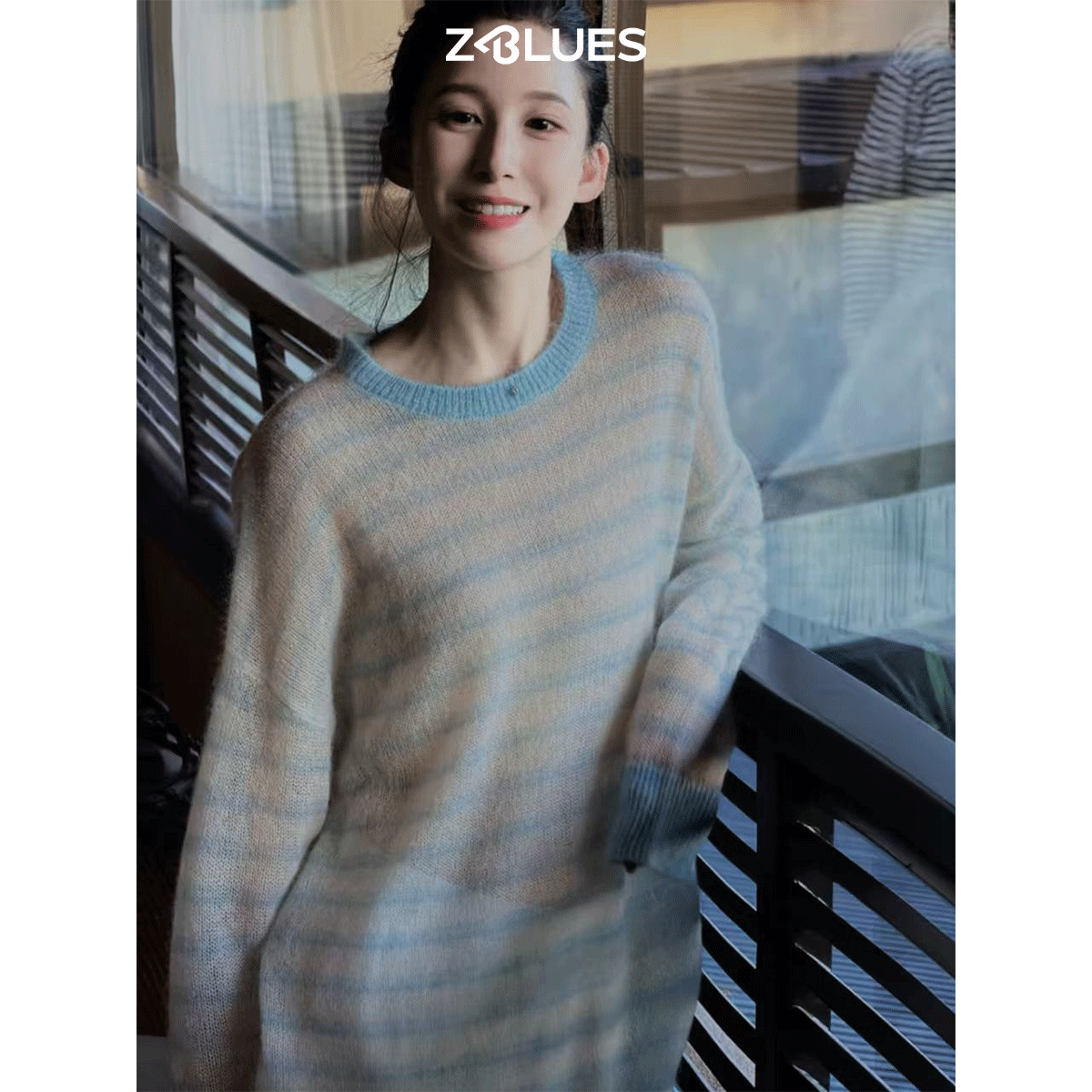 Zblues【Paris Stripes】Relaxed Alpaca Wool Blend Striped Knit Sweater Top