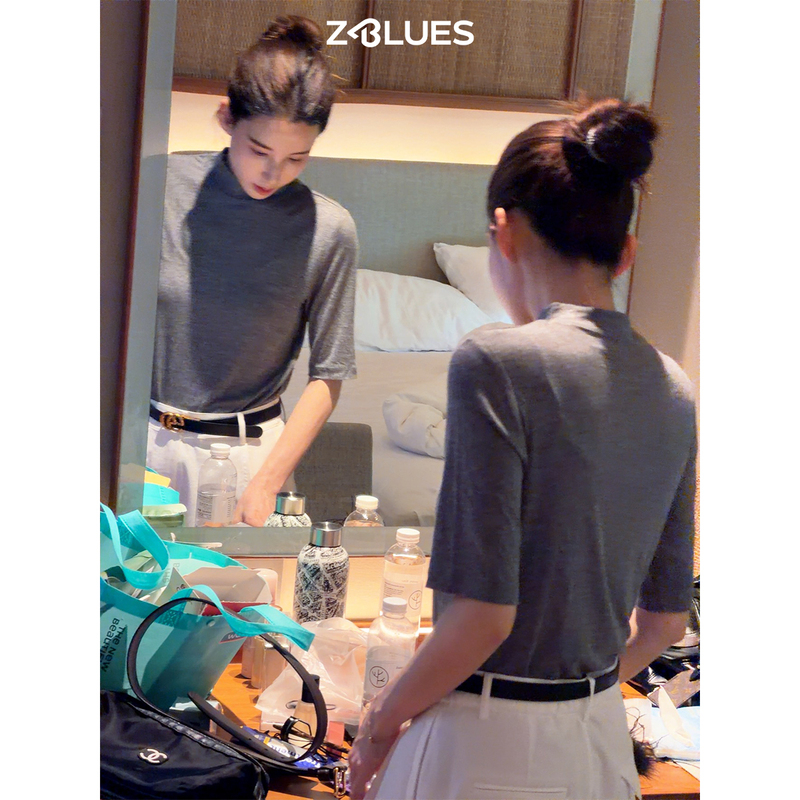 Z.Blues【Return to Elegance】Modal Cashmere Blend Mid-Sleeve Knit T-Shirt for Women, Summer Relaxed Style Top
