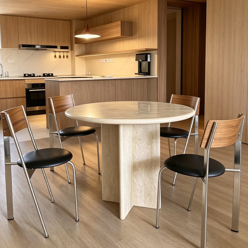 Wabi-Sabi Style Natural Travertine Round Dining Table for Living Room, Suitable for Small Apartments, Luxurious Stone Marble Dining Table, Simple Design Wabi-Sabi Style Natural Travertine Round Dining Table for Living Room, Suitable for Small Apartments, Luxurious Stone Marble Dining Table, Simple Design