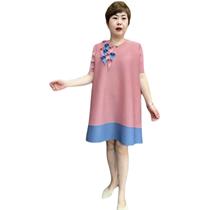 Fat sister loose large size pleated dress new summer round neck color matching mid-length fashionable mothers knee skirt