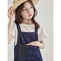 Girls Lotus Leaf Skirt Denim Skirt 2024 Summer New Childrens Suspender Long Skirt Fashionable and Versatile Girls Dress