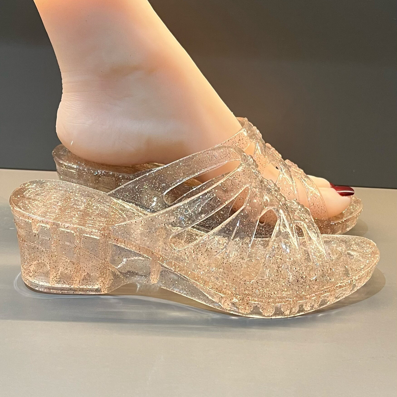 High-Heeled Fashionable New Crystal Shoes, Transparent and Stylish Slippers, Thick-Soled Jelly Non-Slip Height-Increasing Shoes, High-Value Glitter Shoes