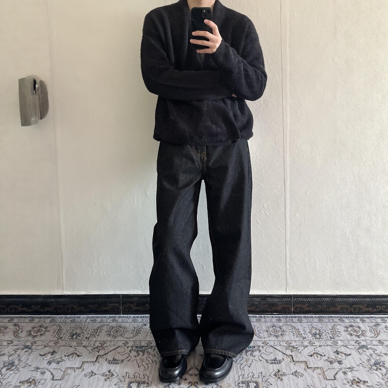 Melody High-End Line 14.5oz Black Selvedge Narrow Red-Edged Raw Denim Straight-Leg Flared Wide-Leg A-Line Jeans