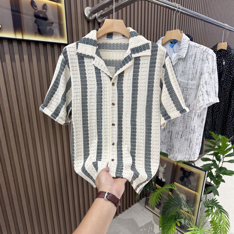 Hawpton Retro Striped Hollow-Out Cuban Collar Woven Short-Sleeve Shirt for Men, Summer Loose and Casual Trendy Shirt