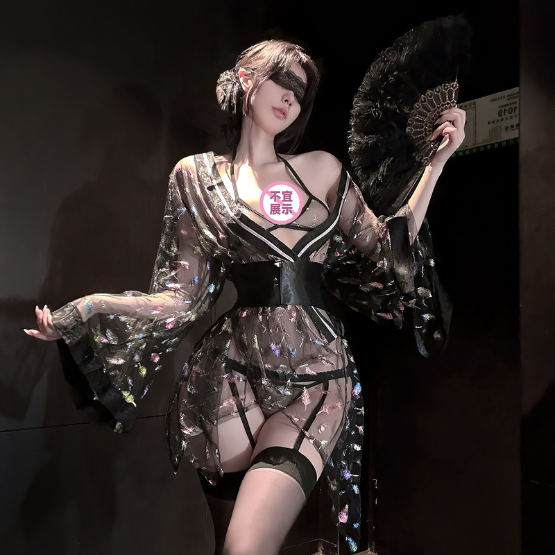 Sexy Japanese-Style Fine Glitter Mesh See-Through Thin Waist-Tie Kimono Pure Desire Style Qqny Couple Date Lingerie for Women Sexy Japanese-Style Fine Glitter Mesh See-Through Thin Waist-Tie Kimono Pure Desire Style Qqny Couple Date Lingerie for Women