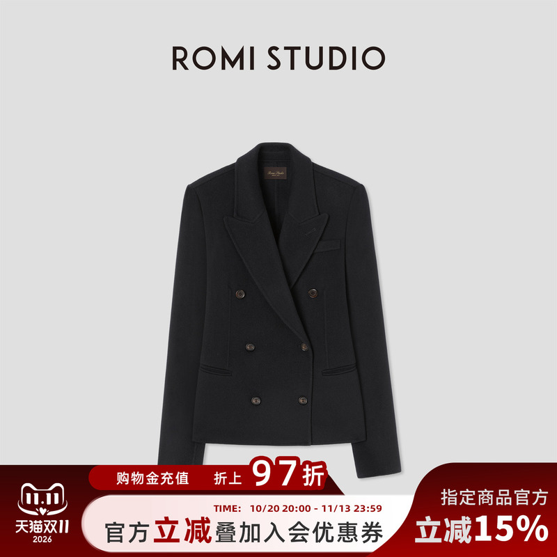 Romi Studio Luxury Cashmere and Sheep Wool Blend Double-Breasted Coat for Women in Autum Rw24Wwd0427 Romi Studio Luxury Cashmere and Sheep Wool Blend Double-Breasted Coat for Women in Autum Rw24Wwd0427