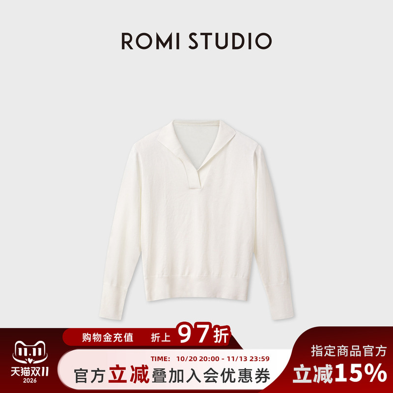 Romi Studio Machine Washable Cotton Cashmere Knitted V-Neck Polo Vintage Long-Sleeved T-Shirt for Women Rwdas64567