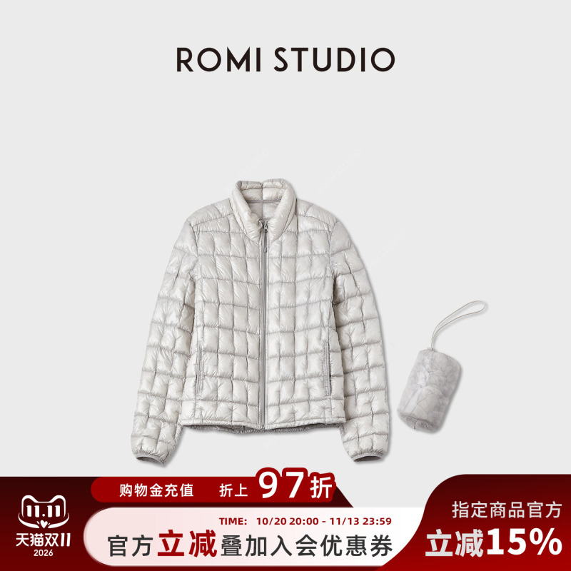 Romi Studio Lightweight Temperature-Locking Plaid Stitching Ultra-Light White Goose down Jacket for Women Rwcwwg6175