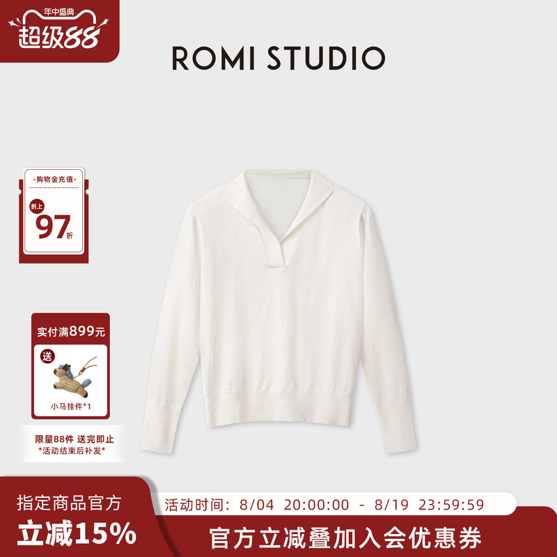 Romi Studio Machine Washable Cotton Cashmere Knitted V-Neck Polo Vintage Long-Sleeved T-Shirt for Women Rwdas64567