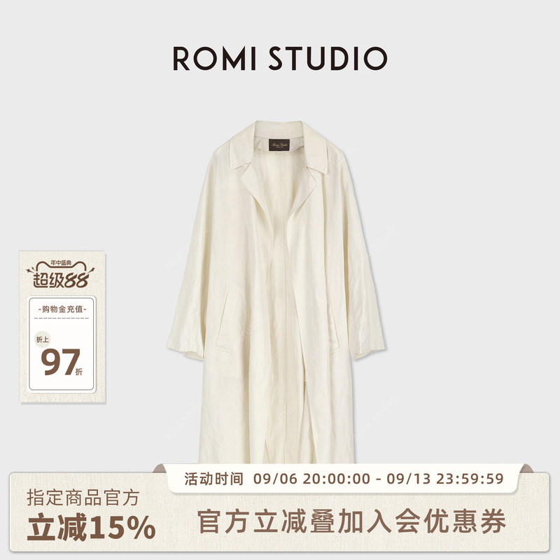 Romi Studio Autumn Mulberry Silk Linen Lightweight Buttonless Waist-Tightening Trench Coat for Women Rwcswg7498