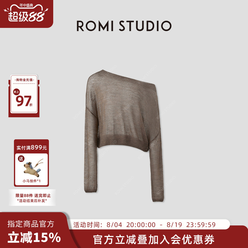 Romi Studio Sheep Wool and Alpaca Wool Blend Lightweight Off-Shoulder Blouse with One-Line Neckline Knitted Top