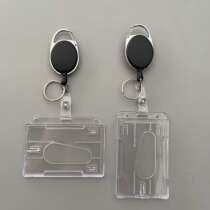 Cross-border product-zinc alloy frame easy-pull buckle egg-shaped oval keychain with horizontal and vertical PS dual card slot ID card holder